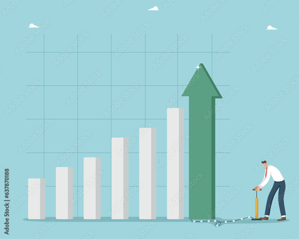 Hard work to achieve high results and success in work or study, rapid career growth and salary increases, economic or investment growth, rapid business development, man is pumping last column of graph Hard work to achieve high results and success in work or study, rapid career growth and salary increases, economic or investment growth, rapid business development, man is pumping last column of graph