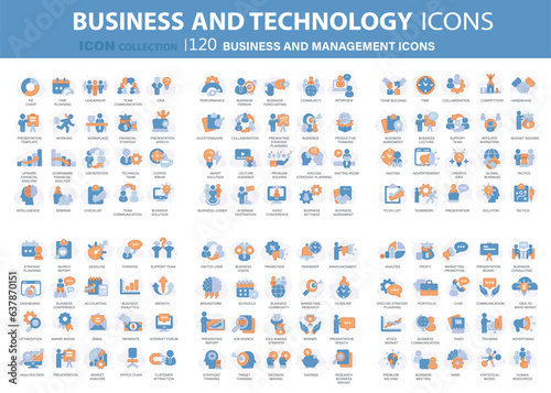 120 Business and management icon set. Icons for leadership, teamwork, job and work, statistics, analytics and advertising. Flat vector illustration. Blue icon for business collection 