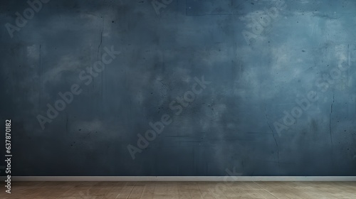 Dark blue empty wall and wooden floor. Interior background for the presentation., Generative AI 