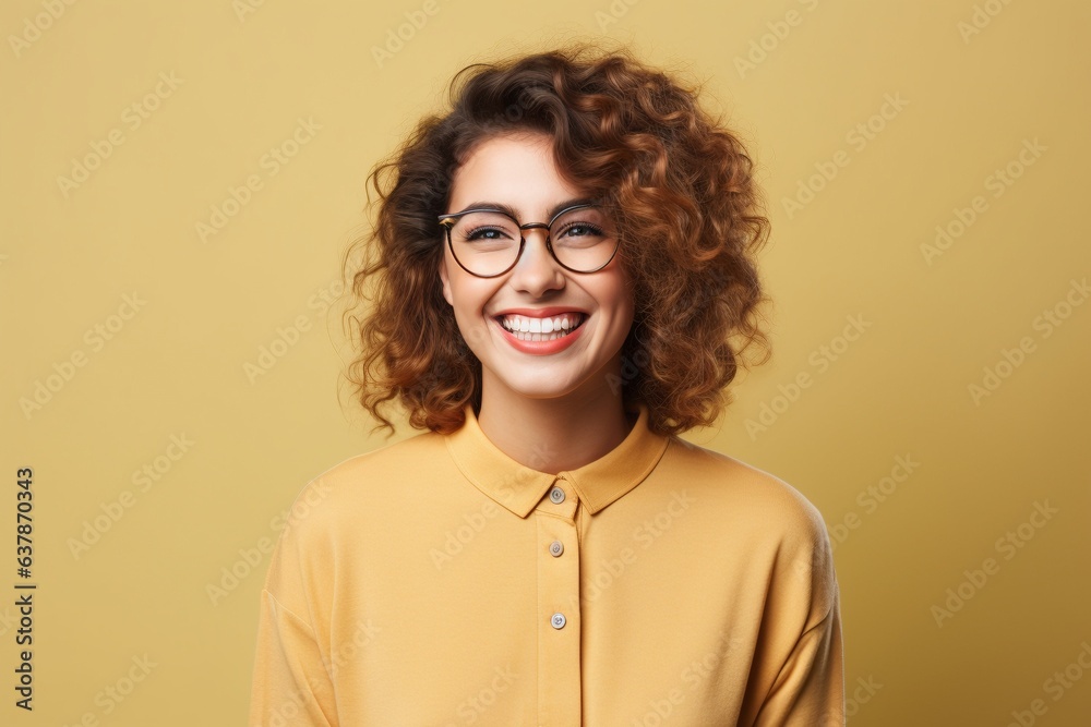 smiling happy laughing female wearing glasses with plain neutral background