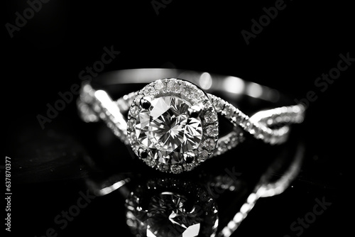 catalogue photo closeup of wedding ring made of white gold, black background . © AI_images