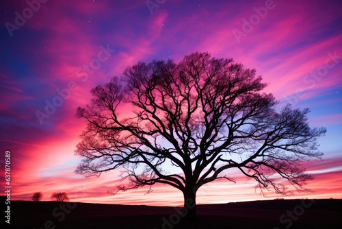 Lonely old tree growing against night starry sky with purple clouds at sunrise