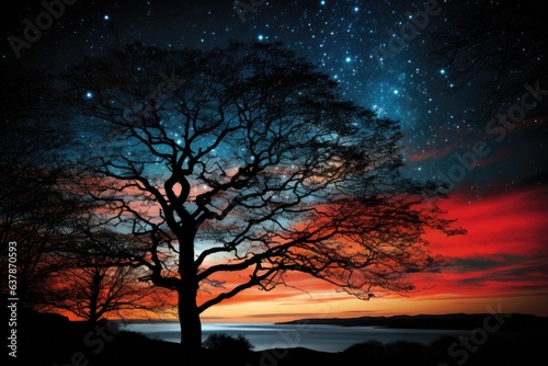 Lonely old tree growing against night starry sky with purple clouds at sunrise