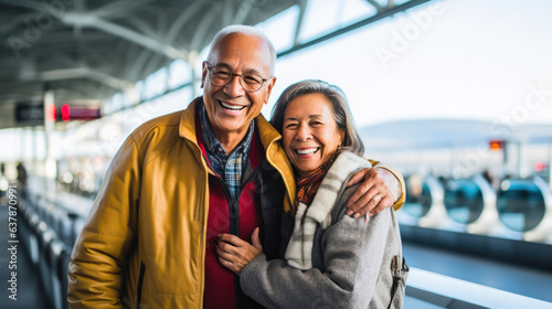 Endearing Airport Moments: Happy Hispanic Seniors Ready to Explore