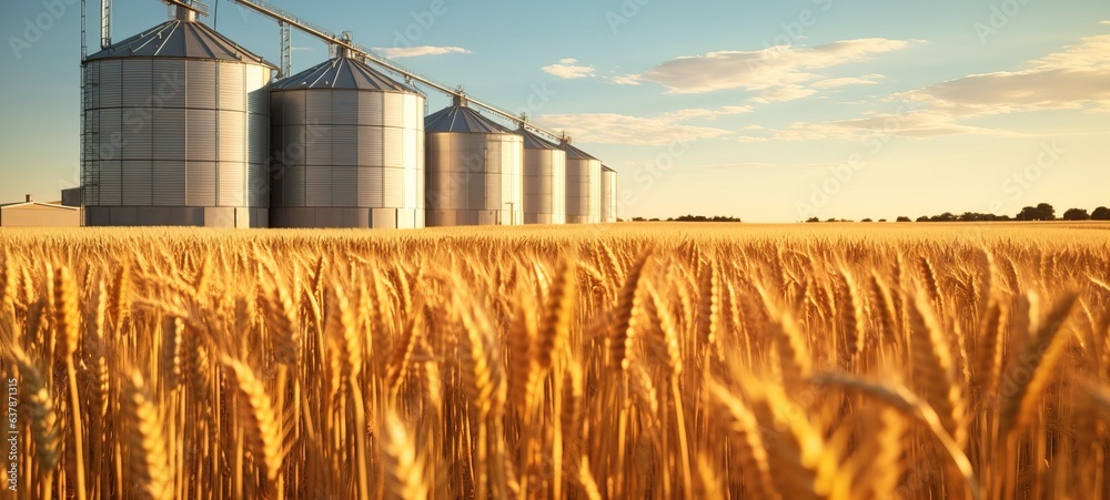silos agricultural production in a wheat field banner - obrazy, fototapety, plakaty 