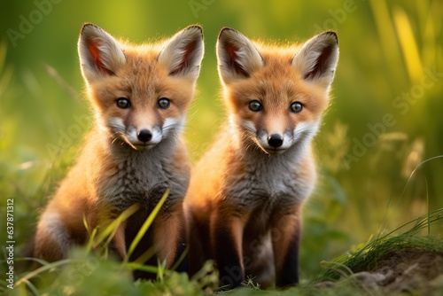 wild baby red foxes in green grass