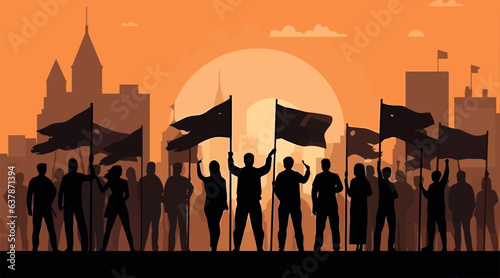 Silhouettes of people demonstrations flat cartoon background. Vector illustration