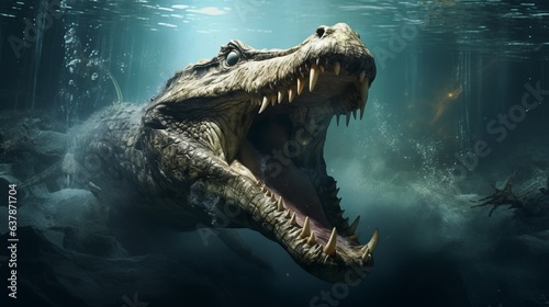 Giant scary crocodile with open mouth. AI generative.