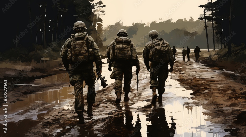 Illustration of back view crop group of soldiers. AI generative.