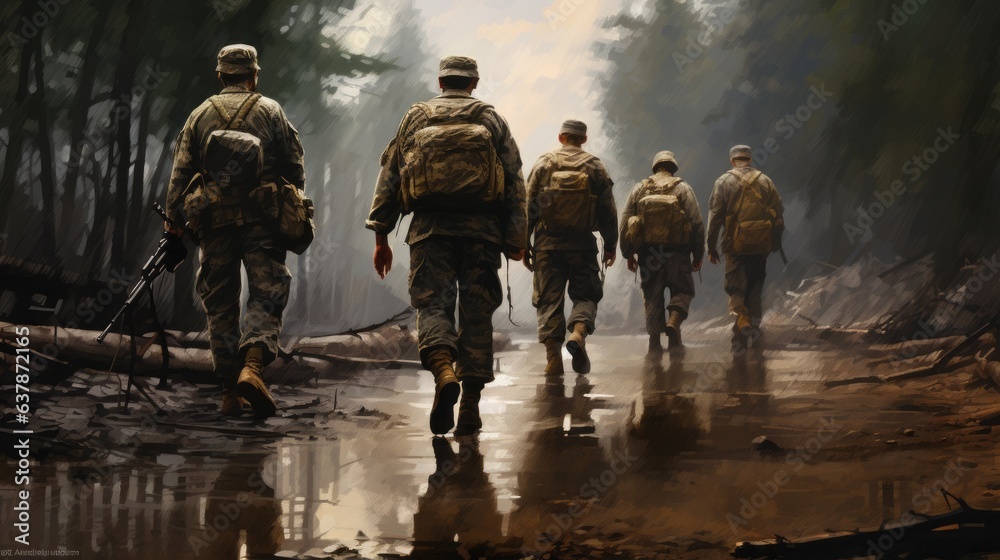 Illustration of back view crop group of soldiers. AI generative.