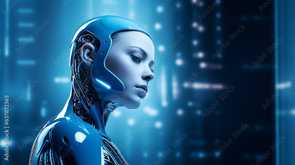 Female cyborg, robot with digital blue background, Artificial intelligence Female cyborg, robot with digital blue background, Artificial intelligence