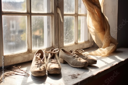 worn-out pointe shoes on a windowsill with natural light