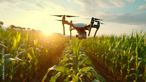 Fotografiet drone flying on corn plantation field at sunrise background