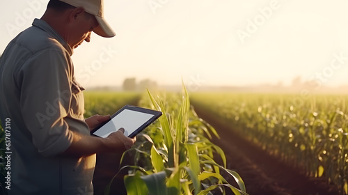 farmer using digital technology tablet computer. smart farming concept. field of corn at sunrise background. photo