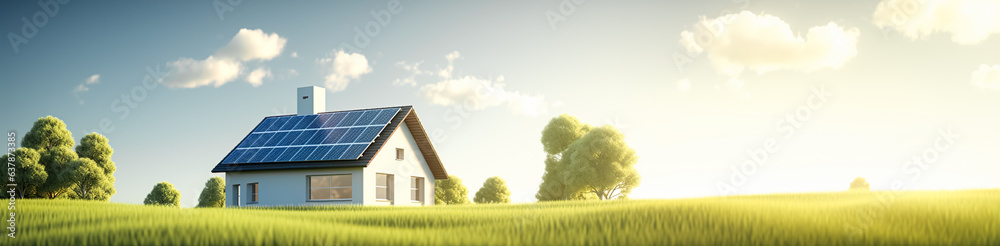 Home,house with solar rooftop in power alternative concepts.ecosystem and green environment.landscape nature background.living design Home,house with solar rooftop in power alternative concepts.ecosystem and green environment.landscape nature background.living design