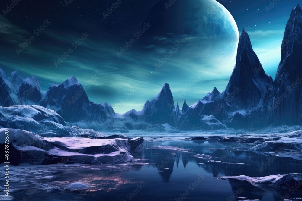 ice-covered alien terrain with aurora sky ice-covered alien terrain with aurora sky