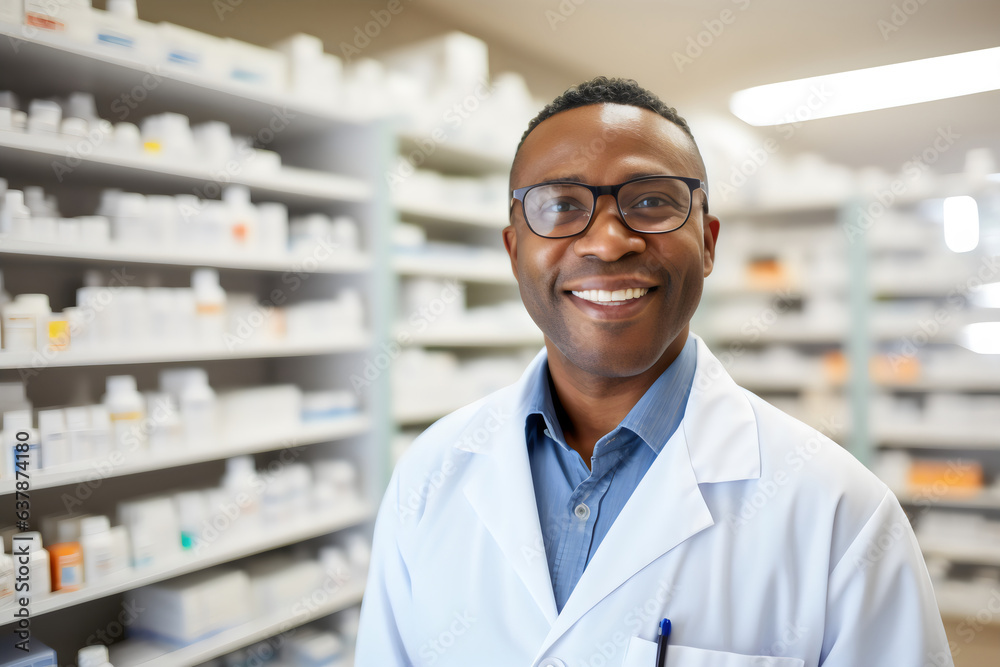 portrait of poc male pharmacist in glasses smiling wearing white coat in chemist shop portrait of poc male pharmacist in glasses smiling wearing white coat in chemist shop