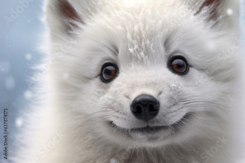 close-up of an arctic foxs face with snow on its nose