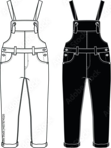 Fashion Flat Sketch of Denim Overalls, Dungarees technical flat drawing