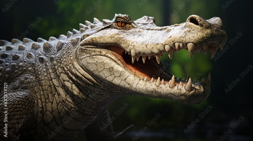 Fototapeta premium Portrait of happy crocodile isolated on background. AI generative.