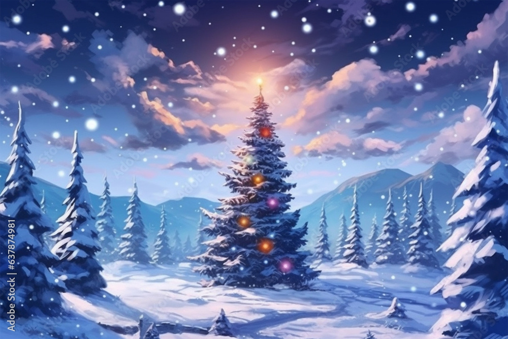 anime style setting, a snowy christmas tree