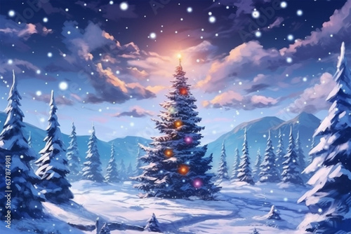 anime style setting, a snowy christmas tree © Yoshimura