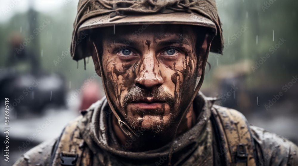 Portrait of unemotional camouflaged in mud soldier in hardhat covered in mud looking at camera. AI generative. Portrait of unemotional camouflaged in mud soldier in hardhat covered in mud looking at camera. AI generative.