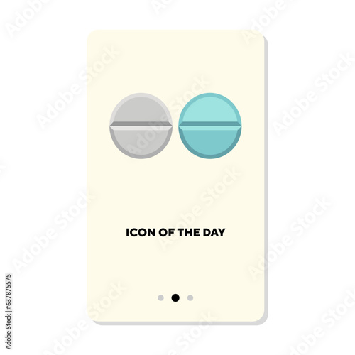 Advertising of white and blue pills flat icon. Vertical sign or vector illustration of tablets, painkillers or drugs. Medicine, medication, pharmacy, illness concept for web design and apps