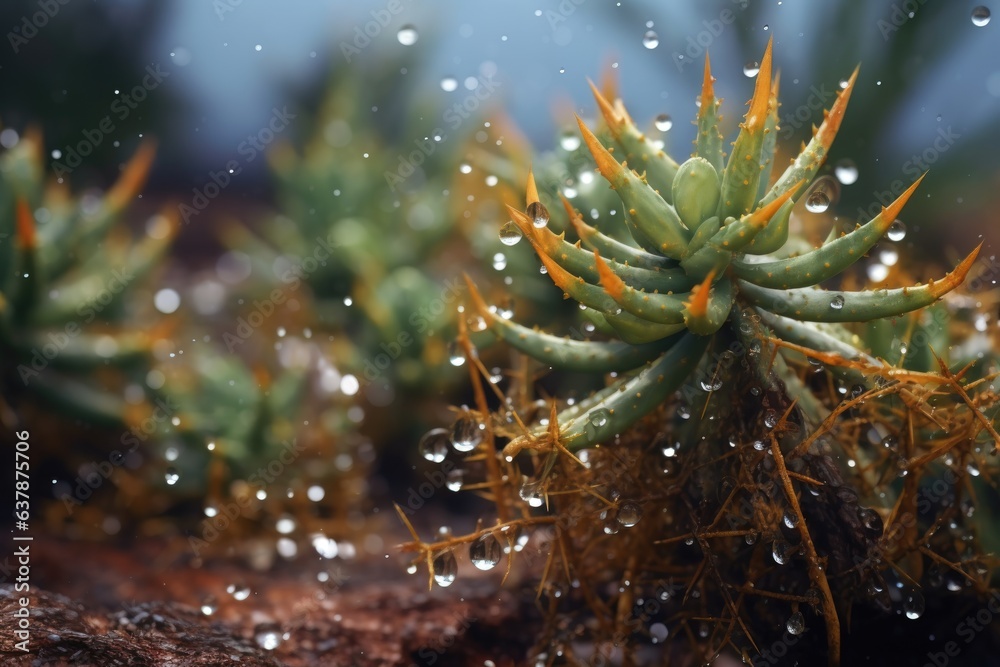 rain-soaked desert plants with water droplets glistening
