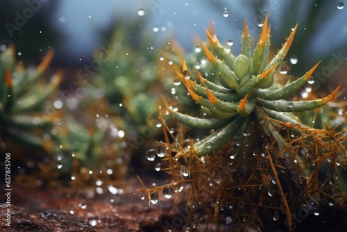 rain-soaked desert plants with water droplets glistening