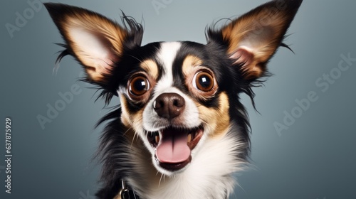 Studio portrait of a funny dog with a surprised face. AI generative. © vadymstock