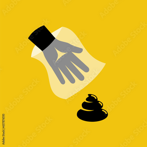 Clean up the shit. The man in hand holds a bag of poop, throw it in the trash. Clean up after your pet. Social rules. Pick up and remove. Vector illustration flat design.