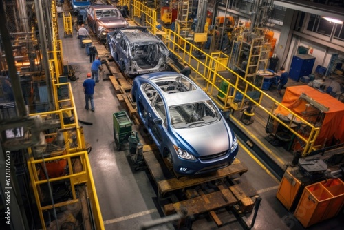 aerial view of a completed car rolling off assembly line