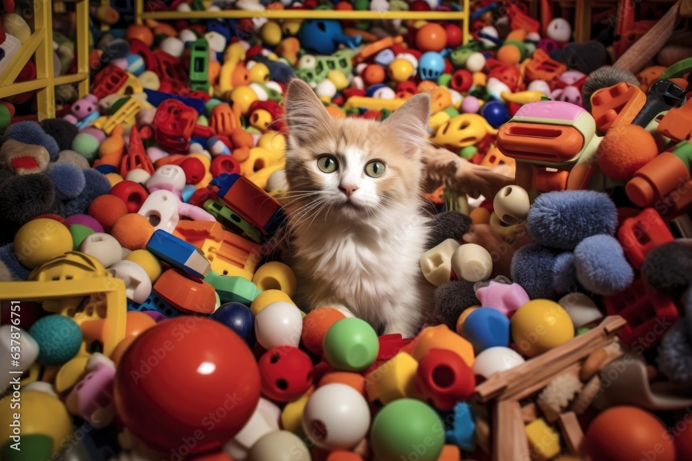 cat and mouse playing in a maze of toys