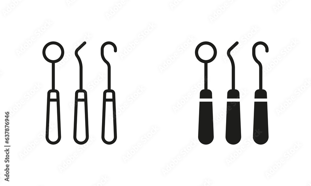 Dental Instruments Silhouette and Line Icon Set. Dentistry Professional Equipment Pictogram Collection. Stomatology Sign. Dentists Tools for Tooth Medical Care Symbol. Isolated Vector Illustration