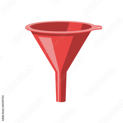 Plastic funnel vector flat icon. Red household plastic funnel for oil or water. Vector illustration flat design. Isolated on white background.
