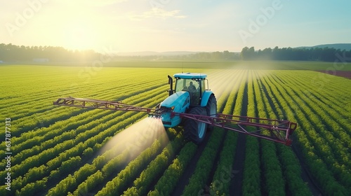 Aerial view of Tractor Spraying Pesticides on Green Soybean Plantation at Sunset. Generative Ai