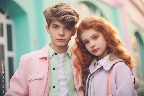 A young boy and girl stand in the outdoor sunlight, dressed in matching pastel clothing and with unique hairstyles, ready to capture a timeless moment of their childhood together