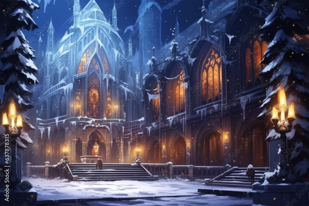 anime style setting, a magnificent winter church