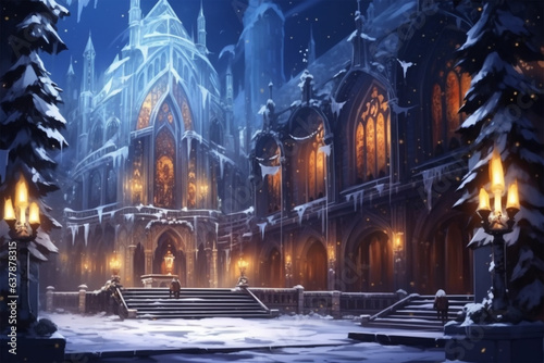 anime style setting  a magnificent winter church