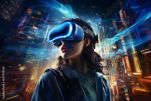 Woman with a virtual reality headset interacting, illustration for metaverse and gaming in a digital world