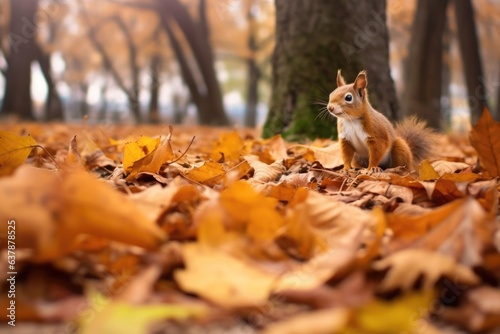 squirrel foraging among scattered leaves in the park