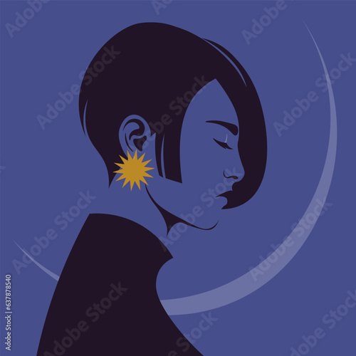 A portrait of a sad woman in profile. A fashion models head with her eyes closed on a dark background. Depression. Side view. Avatar. Vector flat illustration