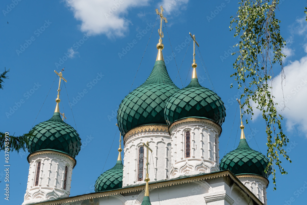 Yaroslavl, Russia, July 4, 2023. View of the upper part of the Church of Elijah the Prophet against the sky.
