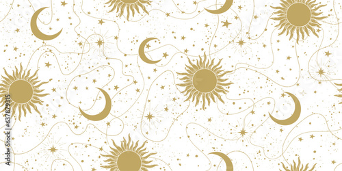 Seamless sky background with golden stars, sun and moon on a white background. Astrology banner, pattern for tarot, boho ornament for zodiac. Flat esoteric vector illustration.