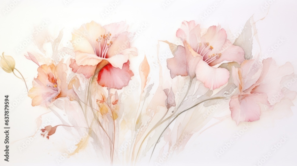Pink delicate lilies. Elegant, romantic lily flowers background. Floral botanical watercolor AI illustration for decor, greeting, invitation card for wedding..