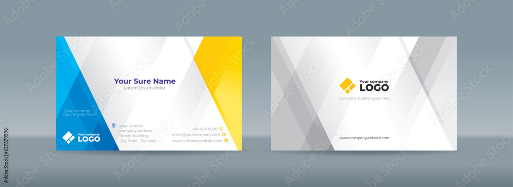 Double sided business card template with intersecting yellow blue transparent rectangles