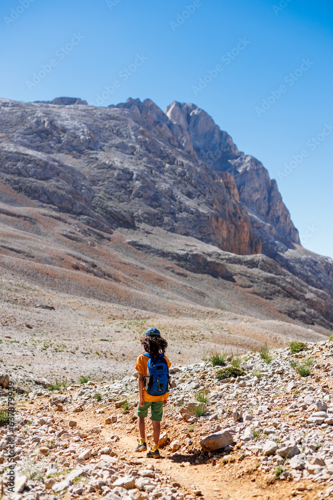 Obraz premium boy with a backpack walks along a mountain path. the child travels to the mountains with a backpack. mountain hike in high mountains.