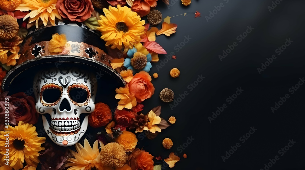 Halloween dark spooky scary background with autumn orange flowers and a smiling skull, day of the dead, space for text