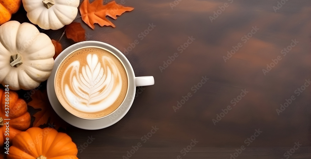 Autumn pumpkin spiced latte, composition of a coffee mug and pumpkins, copy space - obrazy, fototapety, plakaty 